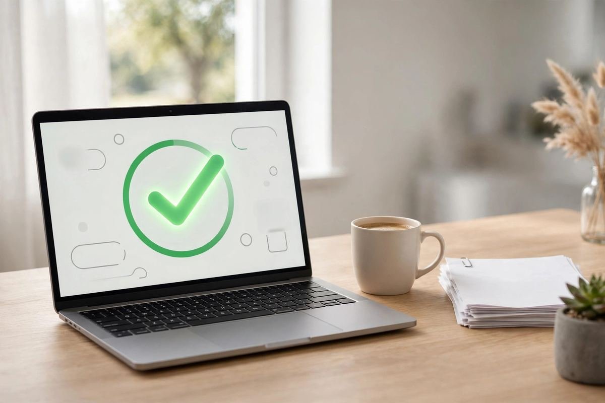 Laptop showing a completed tax filing checkmark on a home office desk — e-file Ohio state tax return