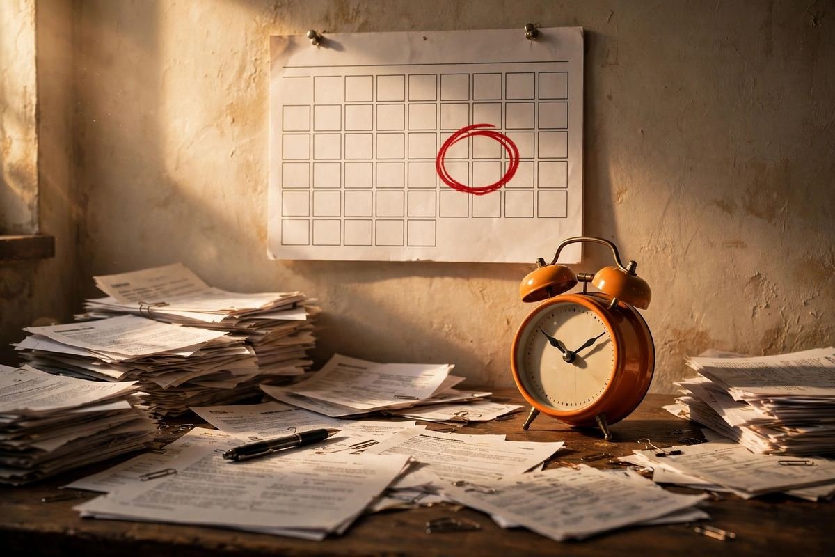 Wall calendar with a circled date and an alarm clock over tax documents — Ohio tax filing deadline