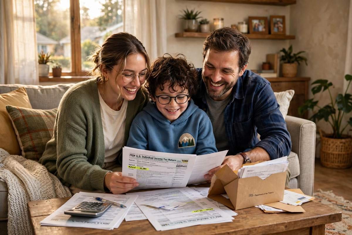 Family reviewing tax return forms at home after the IRS automatic adoption tax credit refund announcement (IR-2026-123)