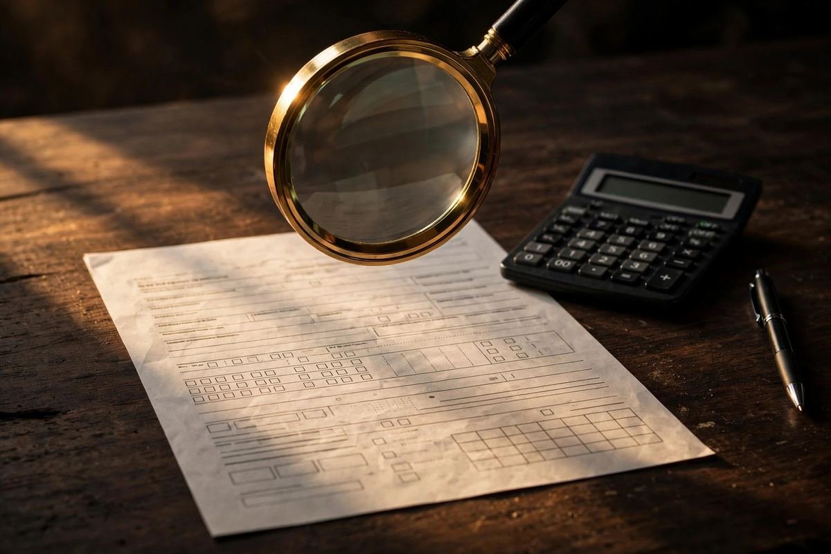 Magnifying glass over an Ohio IT 1040 tax form with calculator and pen — line-by-line walkthrough