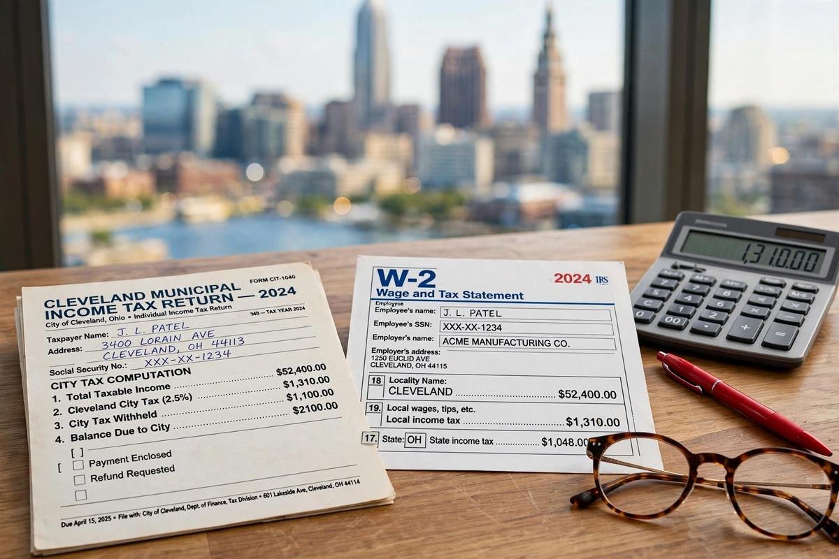 Cleveland municipal income tax return, W-2, calculator, and Cleveland skyline — filing your Ohio city income tax with RITA or CCA