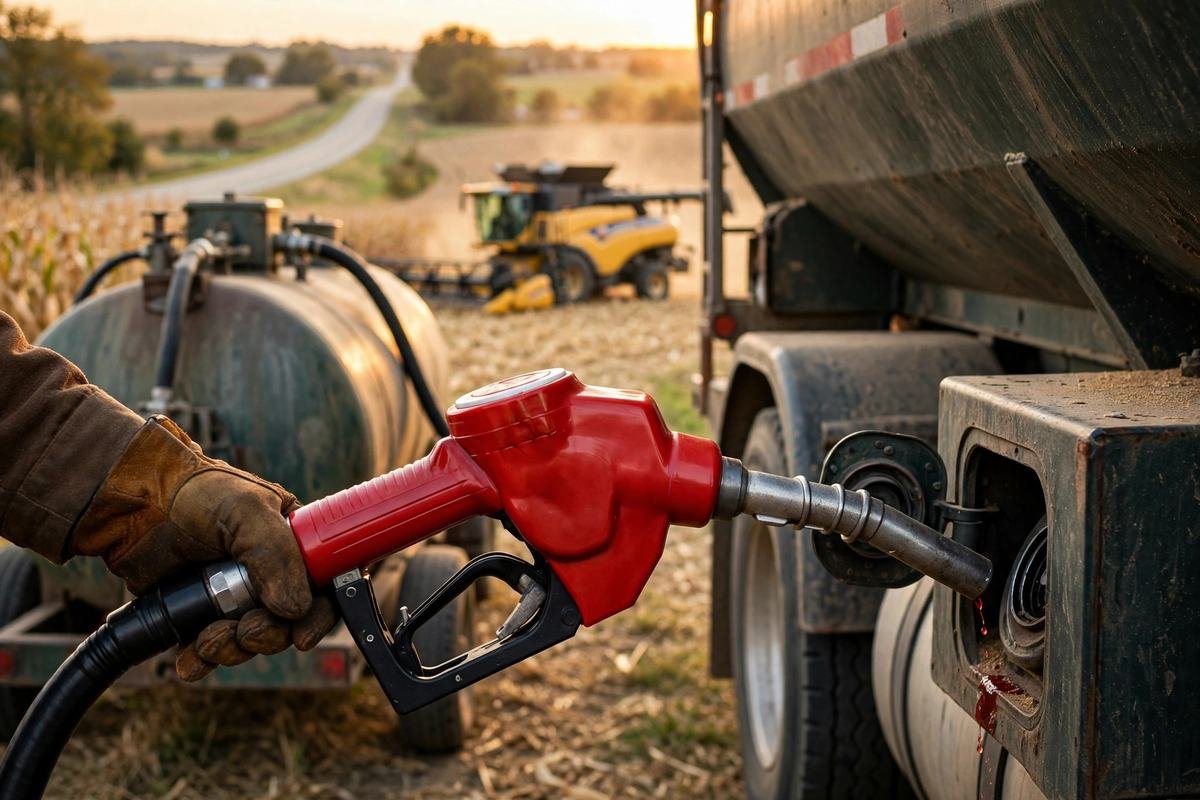 Red-dyed diesel fuel nozzle filling a grain truck on an Ohio farm at harvest during the 2026 dyed diesel waiver period
