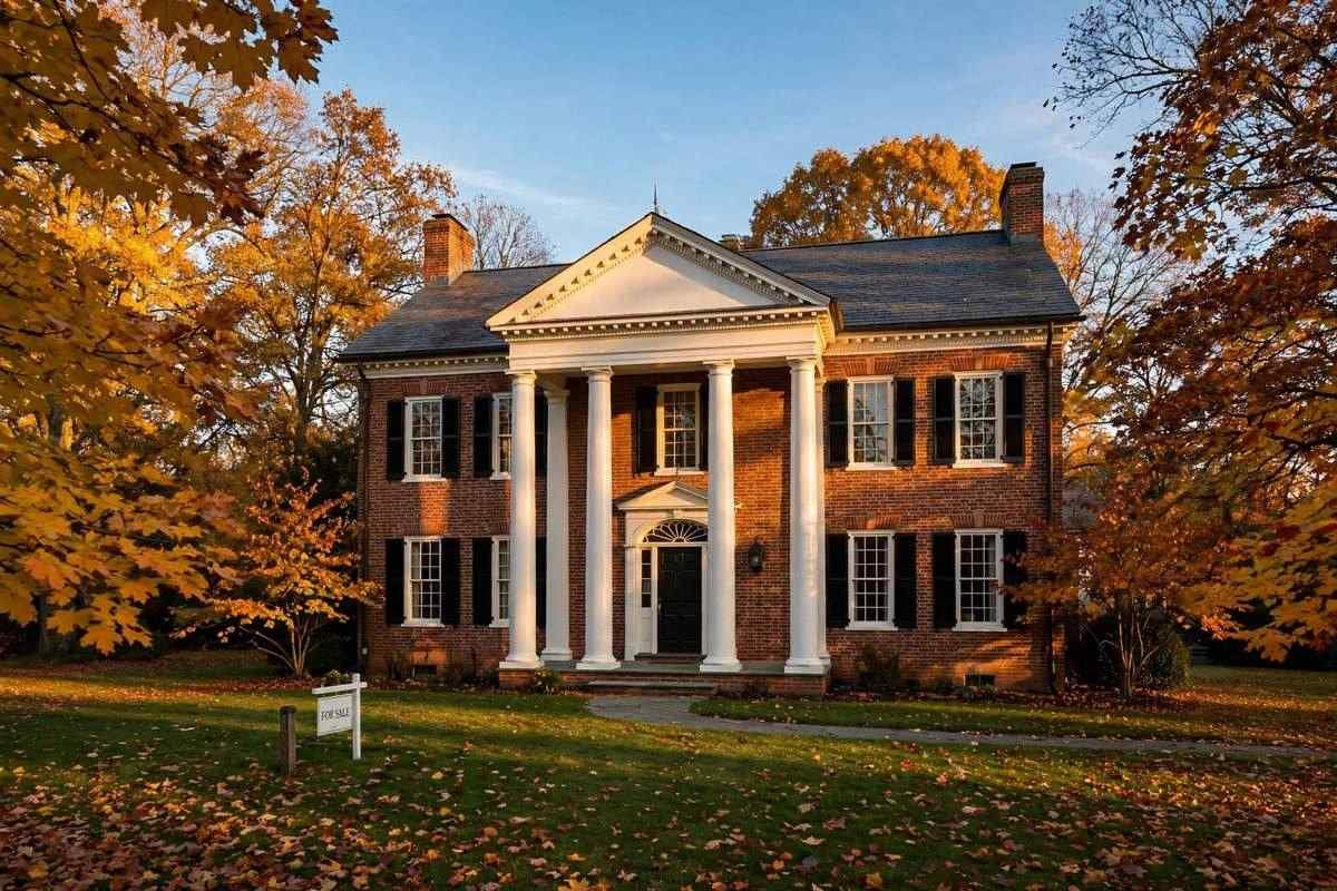 Brick colonial family home with For Sale sign in autumn, Ohio