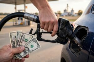 Driver holding a fuel nozzle and dollar bills, illustrating fuel savings during Ohio's 90-day gas tax holiday