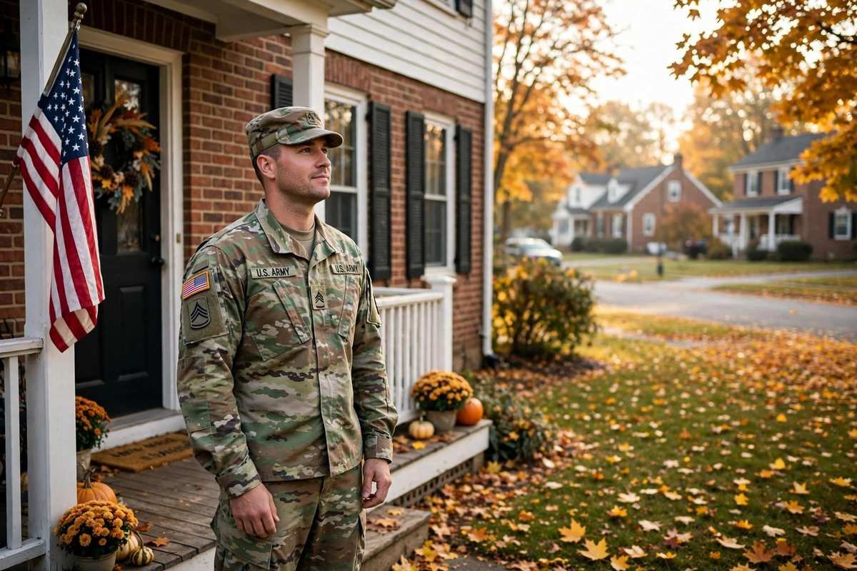 U.S. service member in uniform on the porch of an Ohio home in autumn with an American flag