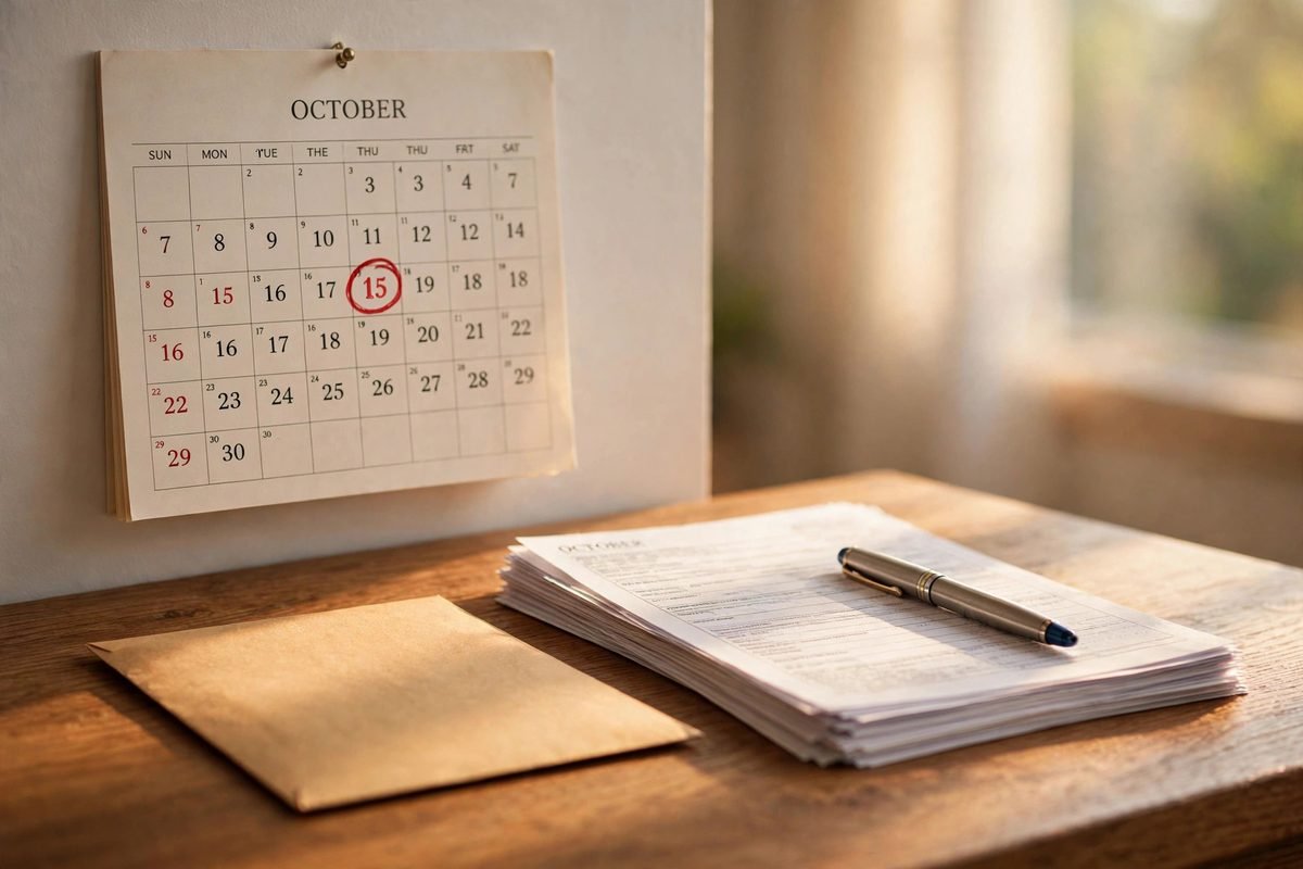 October calendar with the 15th circled and tax forms — Ohio tax extension deadline