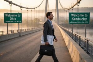 Photorealistic view of an Ohio river bridge marking the Ohio-Kentucky state border — Ohio tax reciprocity guide